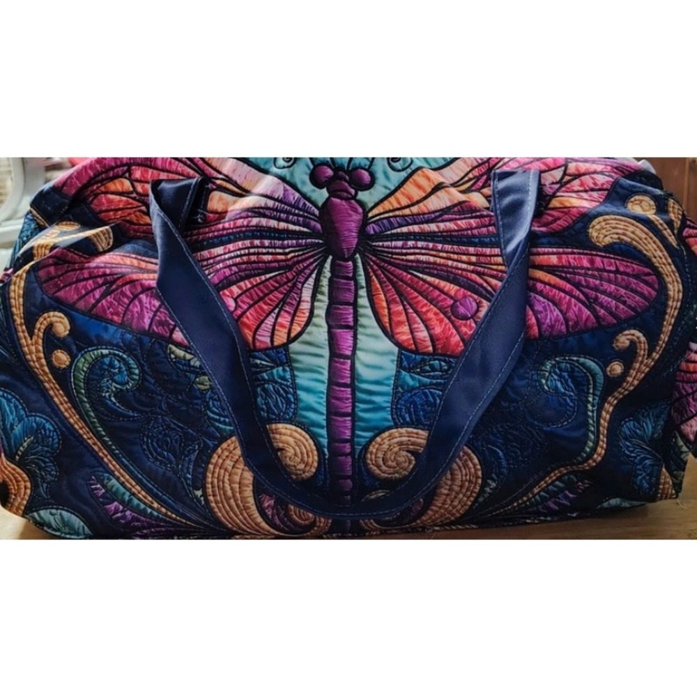 Duffel Bag Travel Weekender Quilted Dragonfly Graphic Print Large Multicolor - Picture 4 of 5